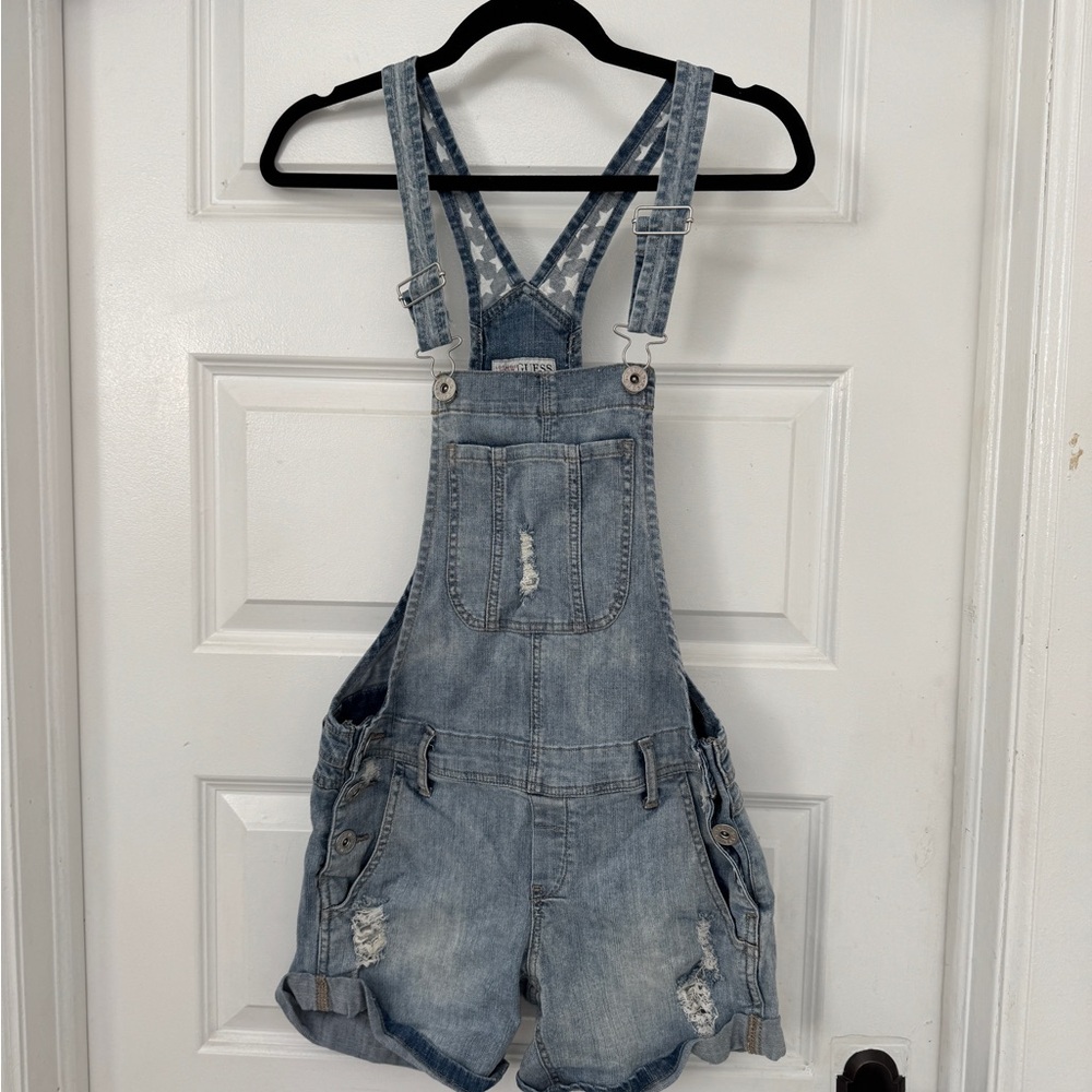 Vintage GUESS light distressed Denim Overall Shorts